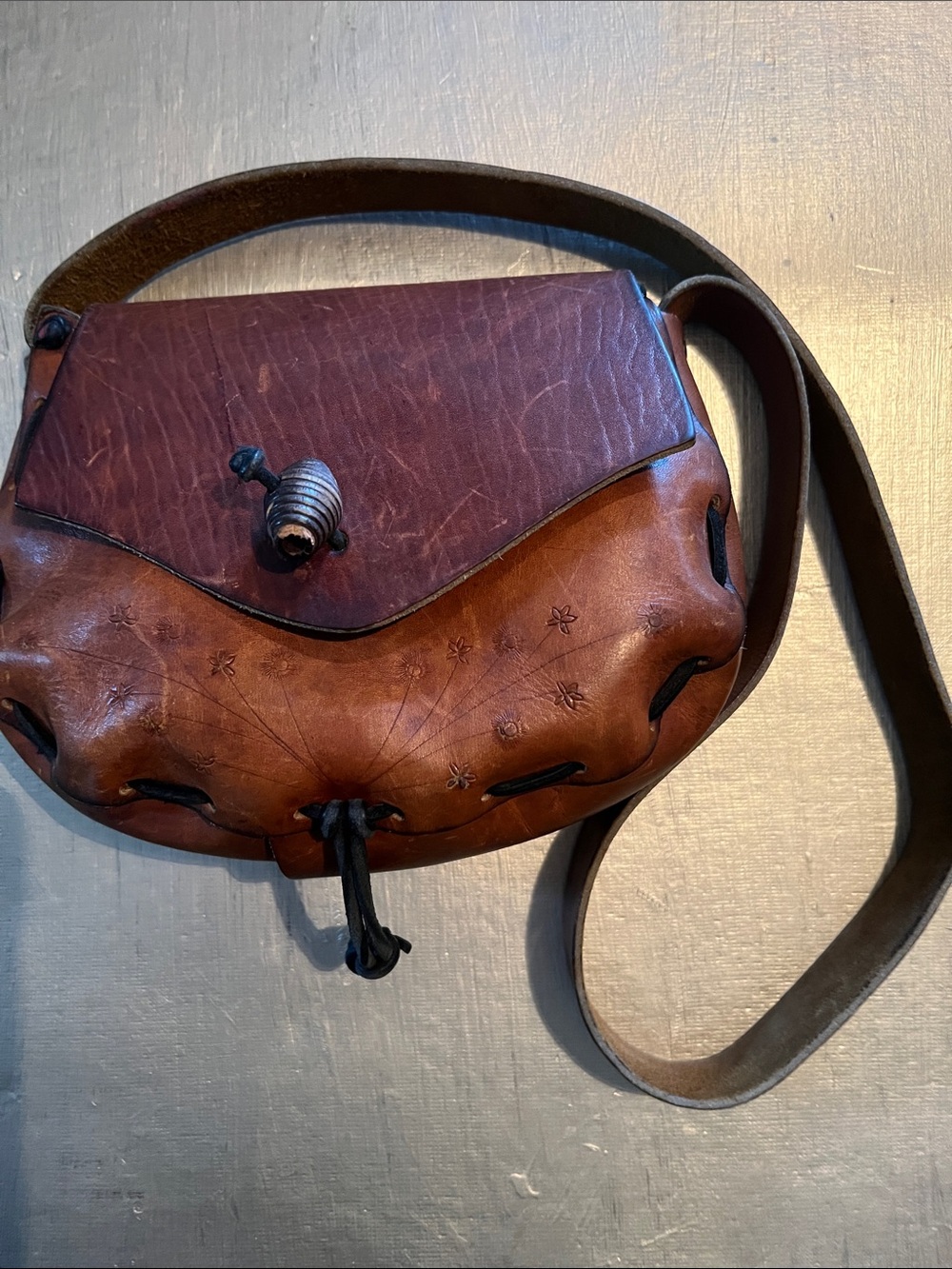 Two-Tone Brown and Burgundy Leather Crossbody Bag with Toggle Closure